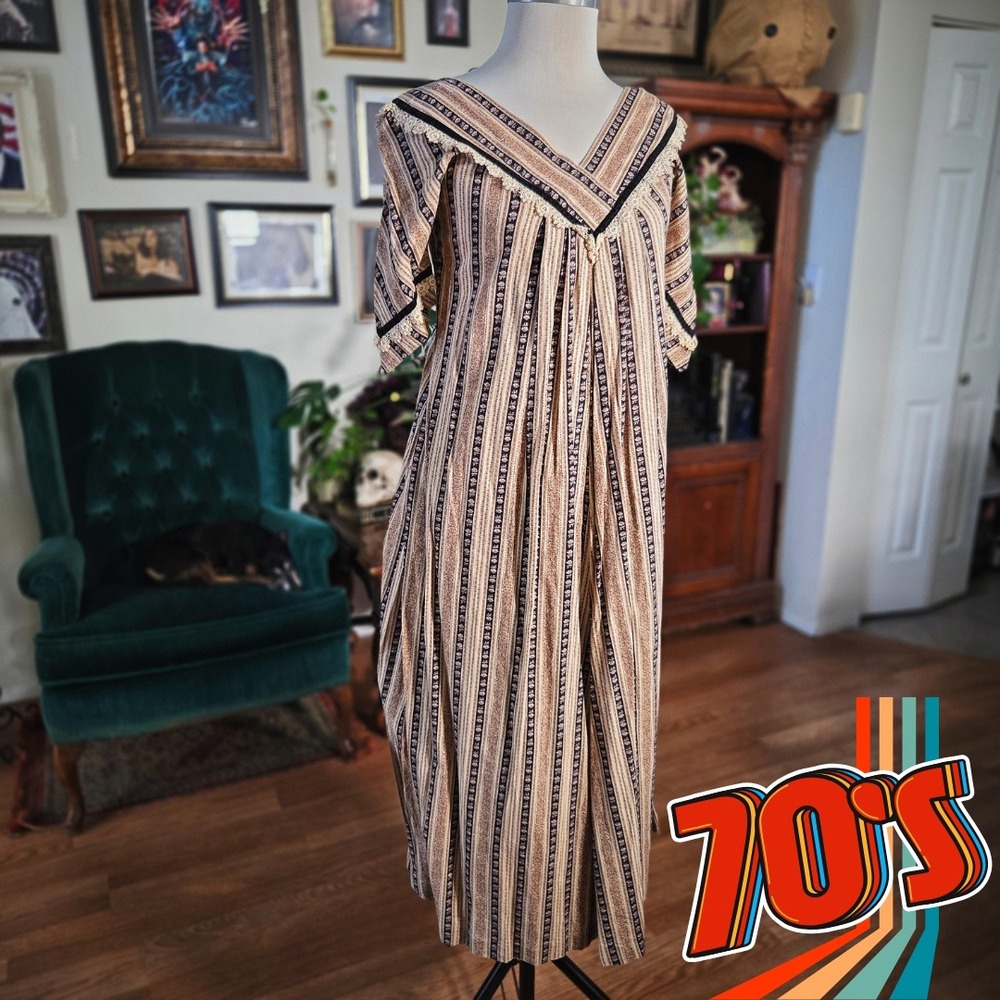 Vintage 70s Bete Honolulu Striped Boho Maxi Dress‎ Prairie Hippie Lounge